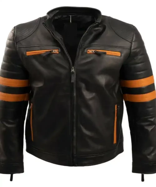 Men Cafe Racer Striped Leather Jacket