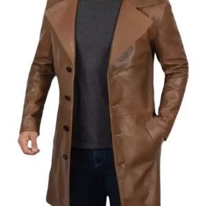 Men's 3/4 Length Brown Leather Coat - Waxed