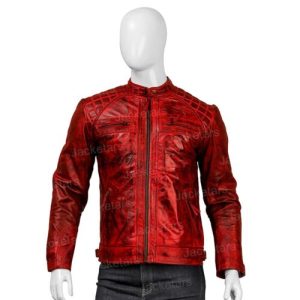 Mens Red Shoulder Design Leather Jacket