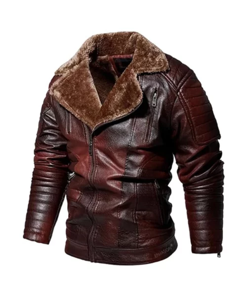 Motorcycle Shearling Leather Distressed Burgundy Jacket - Image 4