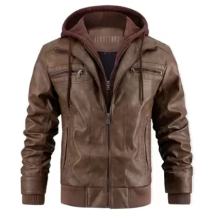 PU Leather Brown Motorcycle Bomber Jacket - Removable Hood