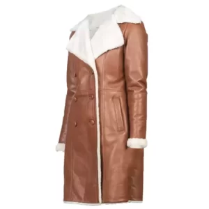 White Shearling Double Breasted Brown Leather Coat