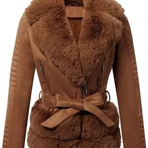 Women Brown Quilted Fur Leather Jacket