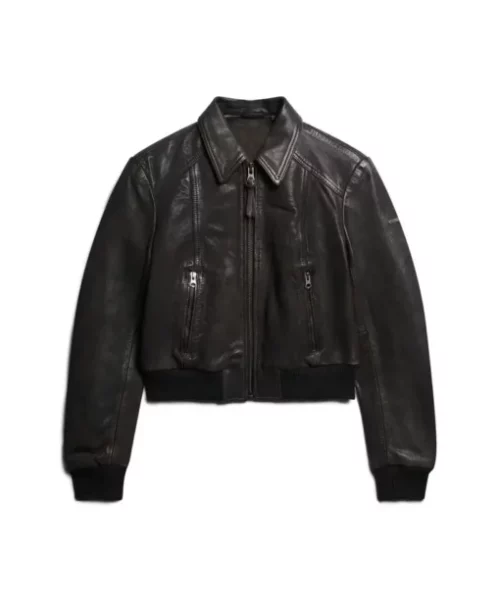 Women Short Bomber Leather Jacket - Image 2