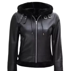 Women’s Black Shearling Leather Jacket With Hood