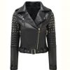 Discover the ultimate women's black studded biker leather jacket for a bold look. Shop now for style, comfort, and unmatched durability.