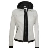 Women’s Off White Bomber Leather Moto Jacket with Hood