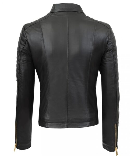 Womens Padded Sleeves Black Biker Jacket - Image 2