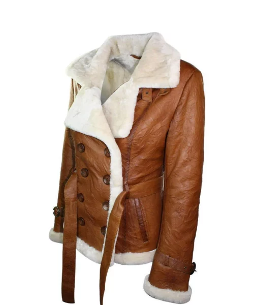 Women’s Tan Brown Double Breasted Shearling Jacket - Image 5