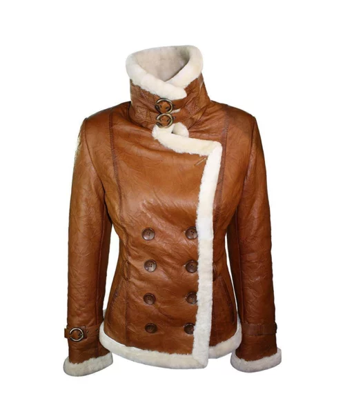 Women’s Tan Brown Double Breasted Shearling Jacket - Image 4
