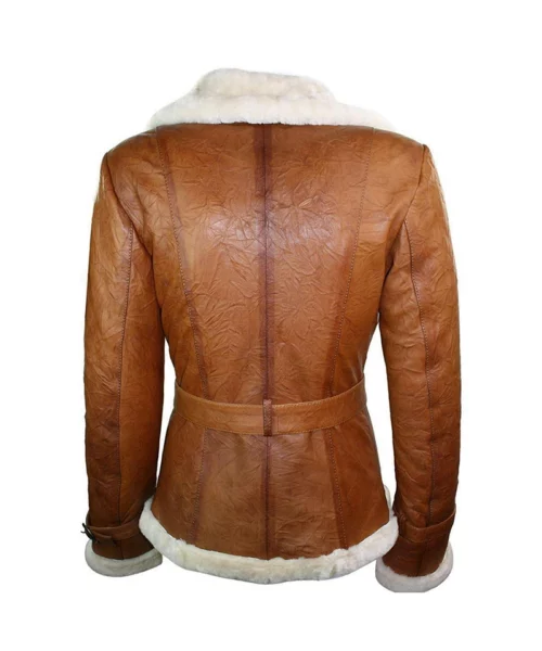 Women’s Tan Brown Double Breasted Shearling Jacket - Image 2