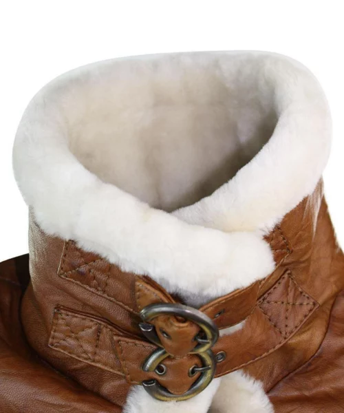 Women’s Tan Brown Double Breasted Shearling Jacket - Image 3