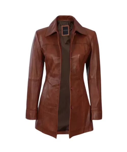Women’s 3/4 Length Cognac Leather Coat - Image 5