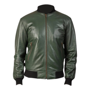 Men’s Casual Green Leather Bomber Jacket