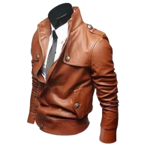 Men’s Slim Fit Tan Button Front Brown Leather Jacket