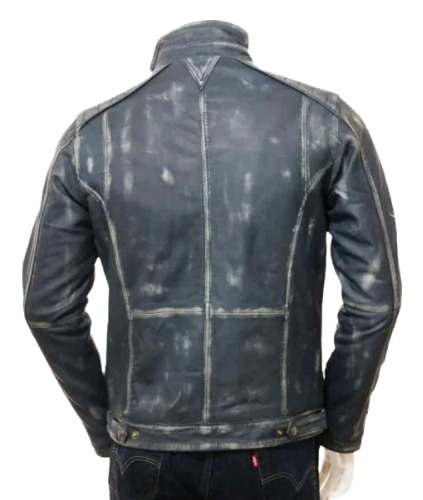 Mens Blue Waxed Cafe Racer Style Leather Jacket - Image 3
