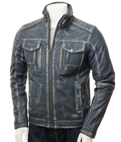 Mens Blue Waxed Cafe Racer Style Leather Jacket - Image 2