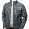Mens Blue Waxed Cafe Racer Style Leather Jacket