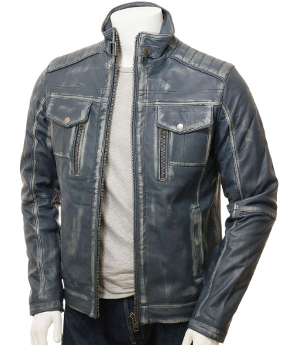 Mens Blue Waxed Cafe Racer Style Leather Jacket