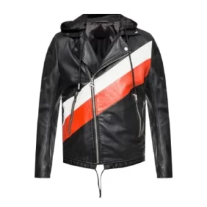 Mens Leather Hooded Striped Biker Real Jacket