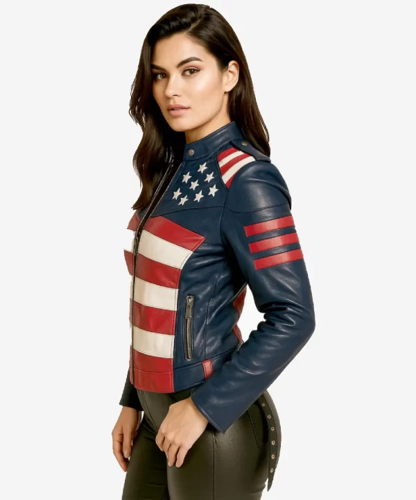 US Flag Women Leather Biker Jacket