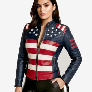 US Flag Women Leather Biker Jacket