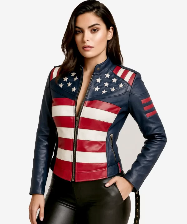 US Flag Women Leather Biker Jacket
