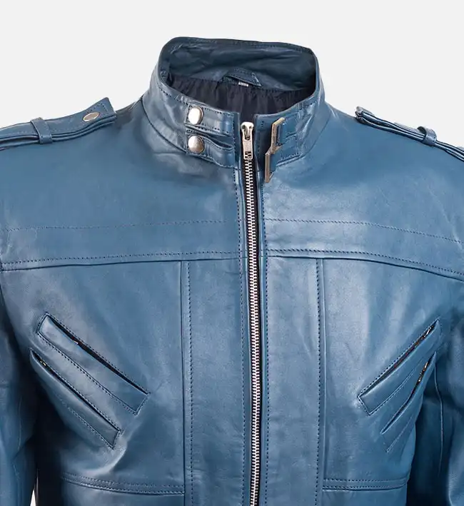 Men’s Band Collar Blue Bomber Leather Jacket - Image 2