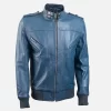Men’s Band Collar Blue Bomber Leather Jacket