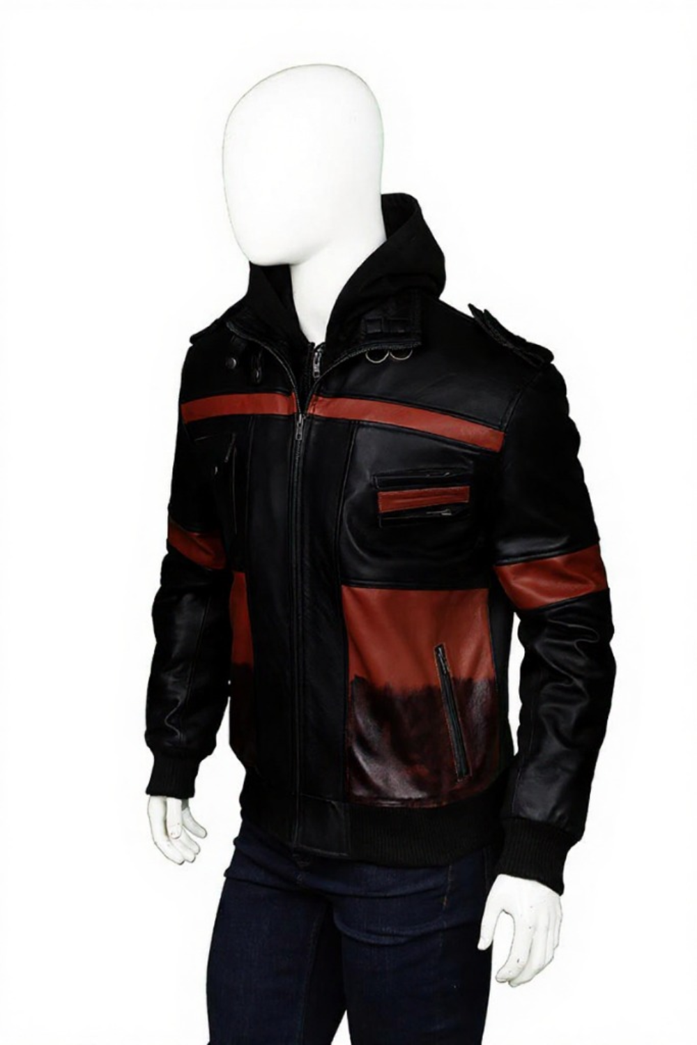 Mens Hoodie Bomber Leather Jacket - Image 3