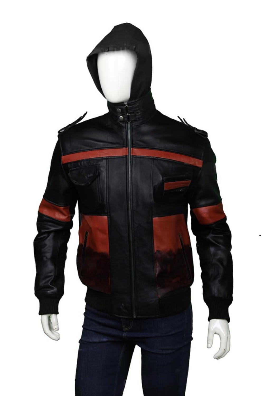 Mens Hoodie Bomber Leather Jacket - Image 2